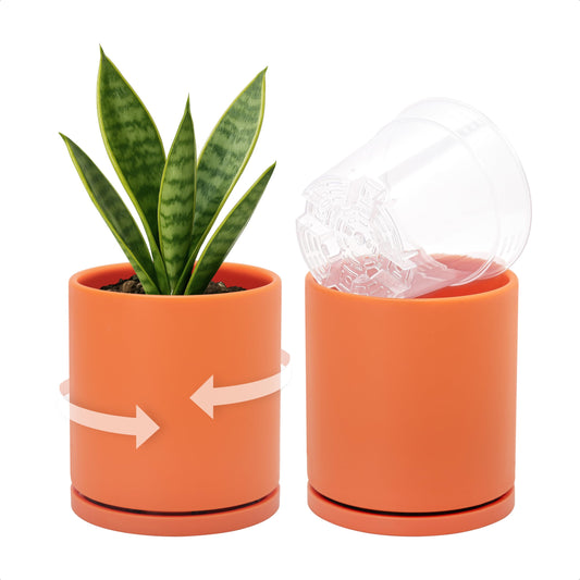 D'vine Dev Double-Layer Self-Draining Planter Set – Rotating Plastic Outer Pot with Clear Inner Liner for Root Health, Perfect for Indoor Plants, 4.5", Set of 2, Pumpkin, 73-V-E-1