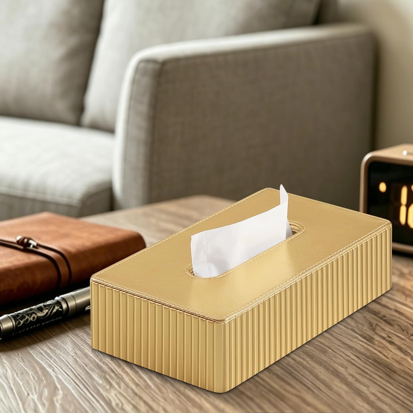 NICLNGSH PU Leather Short Tissue Box Cover Rectangle, Small Tissue Box Holder with Magnetic Closure, Decorative Rectangular Tissue Holder for Bathroom Car Office (Gold)
