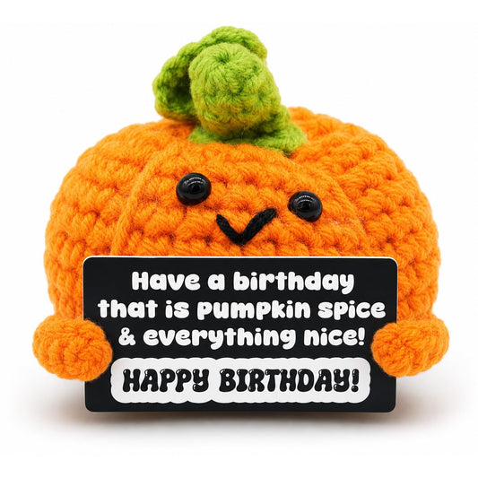 GOOFBALLS Happy Birthday Crochet Figurine – Cute Handmade Knitted Plush Decoration, Small Desk Decor Gift, Birthday Party Table Topper & Keepsake - Pumpkin