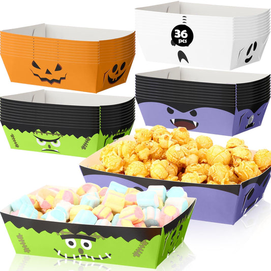 Dunzoom 36 Pcs Halloween Paper Food Trays Disposable Bowls Grease Resistant Pumpkin Monsters Ghost Food Boats Dessert Plates Nacho Snack Hot Dog Serving Tray for Halloween Party Supplies Decorations
