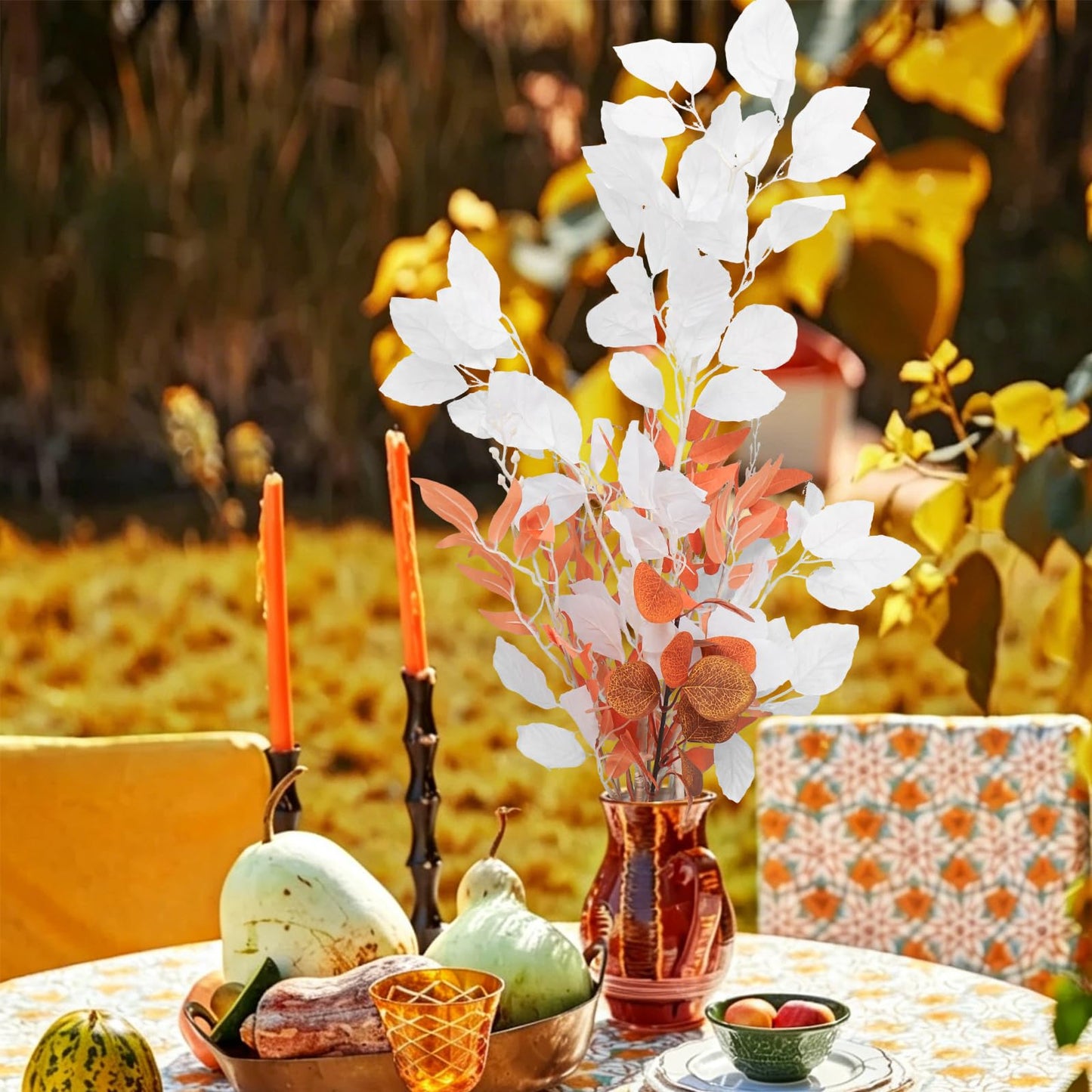 RECUTMS Artificial Fall Beech Leaf Stems 4Pcs 39Inch Fake Foliage Branches for Tall Vase Faux Autumn Leaves Long Greenery Stem for Thanksgiving Halloween Harvest Home Wedding Party Decor(White)