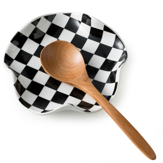 Miamolo Spoon Rest for Stove Top, 5.3in Checkered Spoon Holder Utensil Rest, Ceramic Spoon Rests for Coffee Bar, Kitchen Gadget Cooking Gift for Housewarming - Heat Resistant & Dishwasher Safe