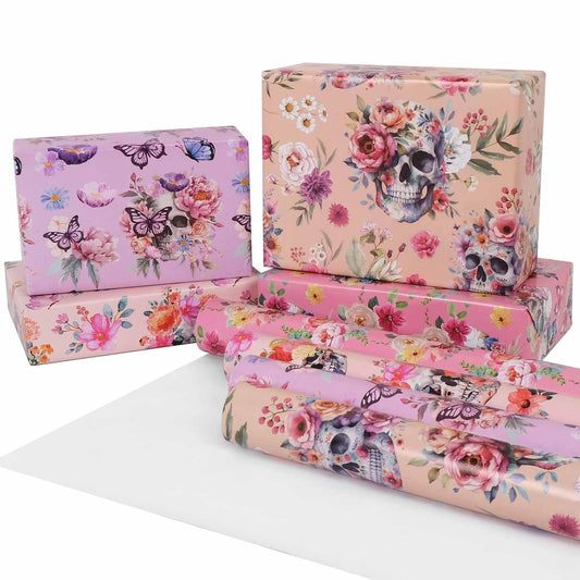 Aimyoo Halloween Wrapping Paper Rolls - 17 Inch x 10 Feet - 4 Rolls - Gothic Skull, Floral Design Perfect for Halloween, Christmas Decorations, Holidays, and Parties