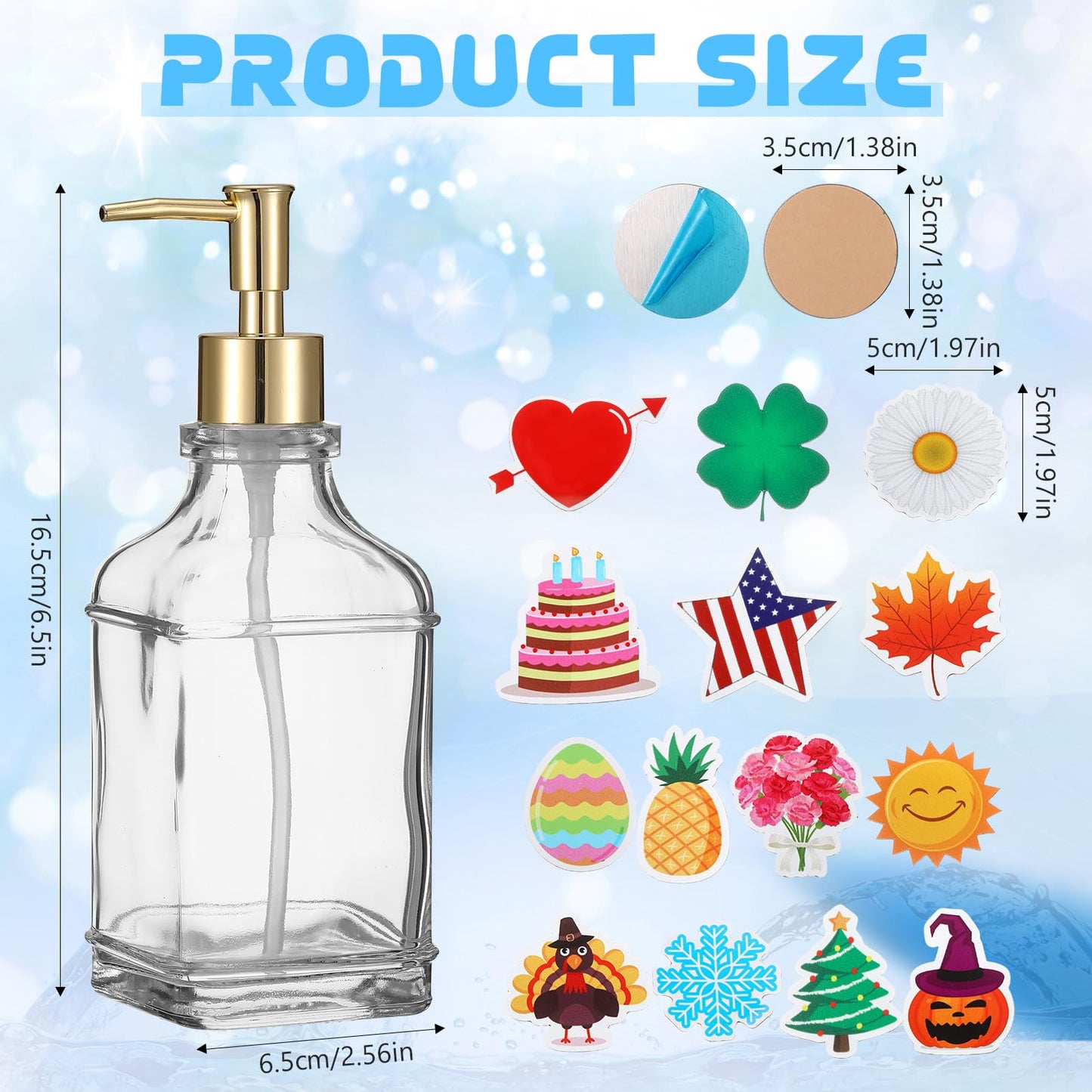 Teenyyou Seasonal Patriotic Soap Dispenser with 14 Interchangeable Seasonal Festival Magnets Glass Lotion 4th of July Fall Holiday Soap Dispenser for Farmhouse Kitchen Bathroom Accessories