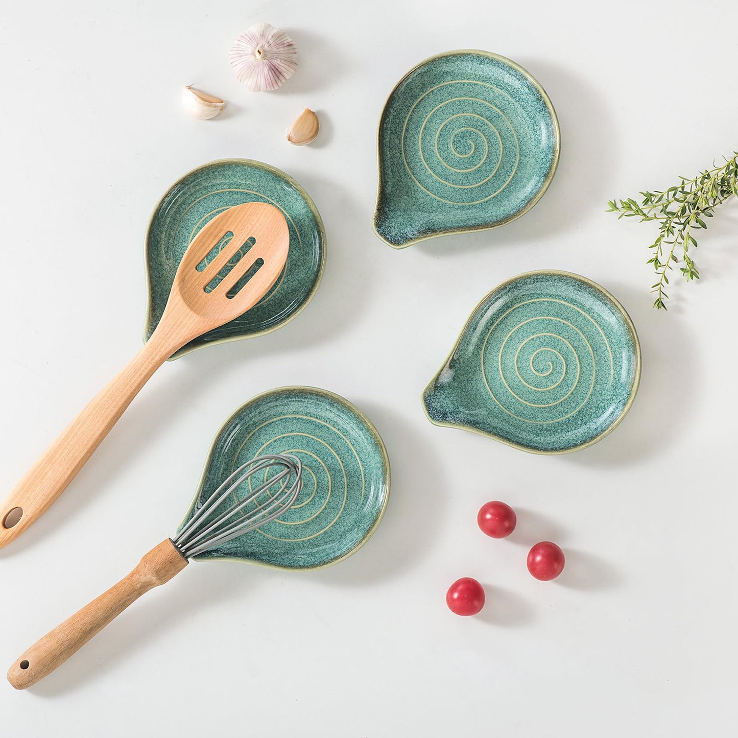 Ceramic Spoon Rest Set of 4, Reactive Glaze Spoon Holder for Stove Top & Kitchen Counter, Large Spoon Rest for Cooking Utensils, Spatula Holder, Farmhouse Kitchen Decor