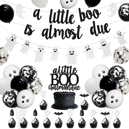 Balterever a Little Boo is Almost Due Baby Shower Decoration Black White Halloween Baby Shower Decor with a Little Boo is Almost Due Banner Garland Cupcake Cake Topper for Halloween Gender Reveal