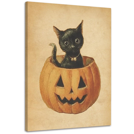 WOTYPU Halloween Pumpkin Black Cat Wall Art Decor, Black Cat Halloween Decor, Vintage Spooky Pumpkin Fall Autumn Framed Canvas Prints Poster Wall Decorations for Home Living Room Bedroom, 11x14