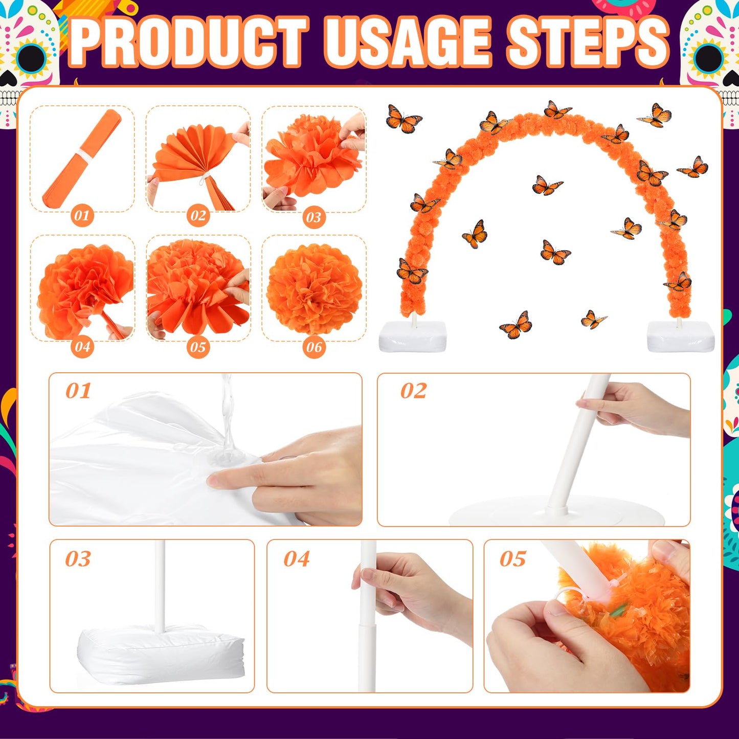 Suncalla 66 Pcs Day of the Dead Altar Set Marigold Flower Arch Dia De Muertos Tablecloth Flameless LED Candle Paper Fan Butterfly Mexican Papel Picado Banner Supplies(Classic,Multicolor)