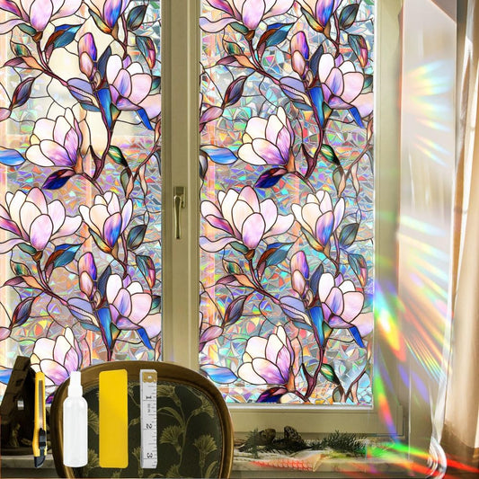 Flower Stained Glass Window Film Decorative Static Cling Stickers Sun Blocking Rainbow Privacy Decals for Home Car Purple Magnolia