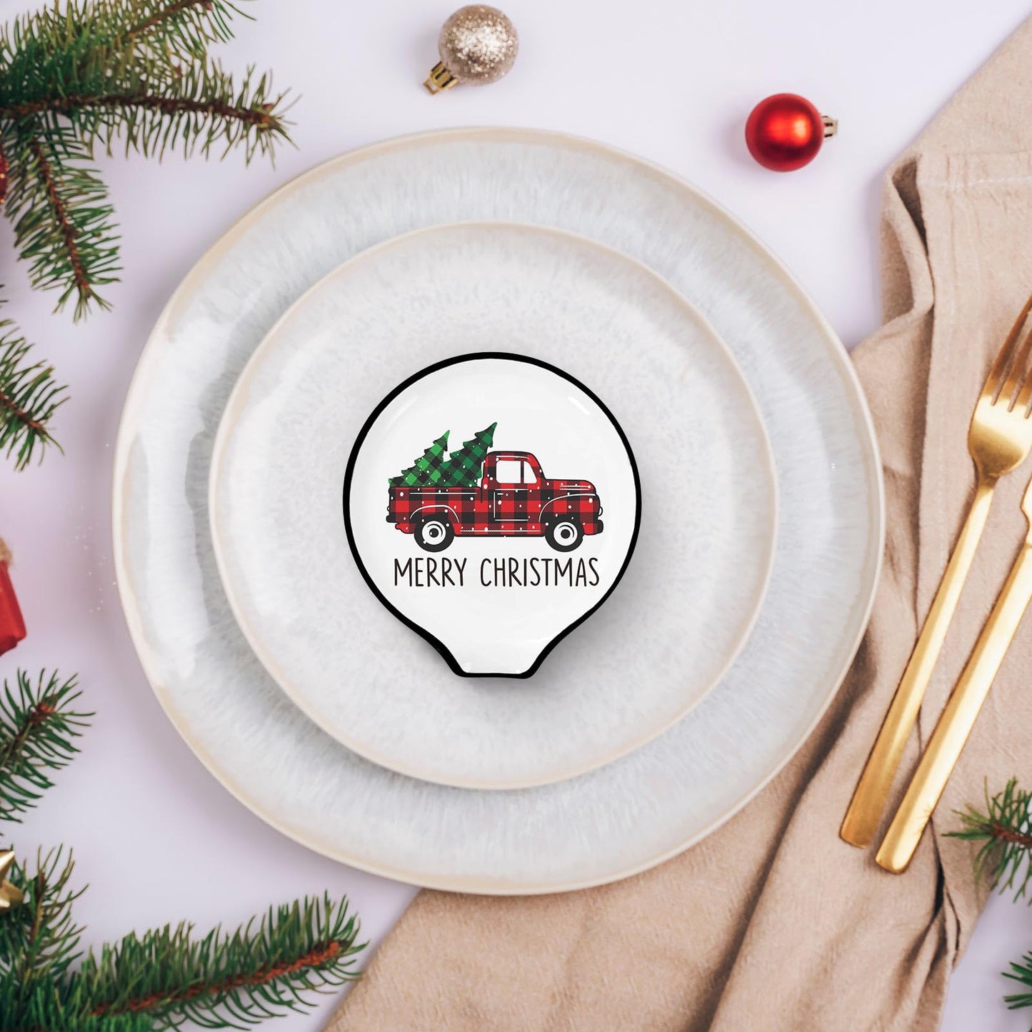 2 Pcs 3.8 Inch Christmas Spoon Rest Mini Red Green Plaid Xmas Tree Truck Small Coffee Spoon Holder For Winter Xmas Coffee Stirrers Teaspoon Bar Coffee Station Accessories