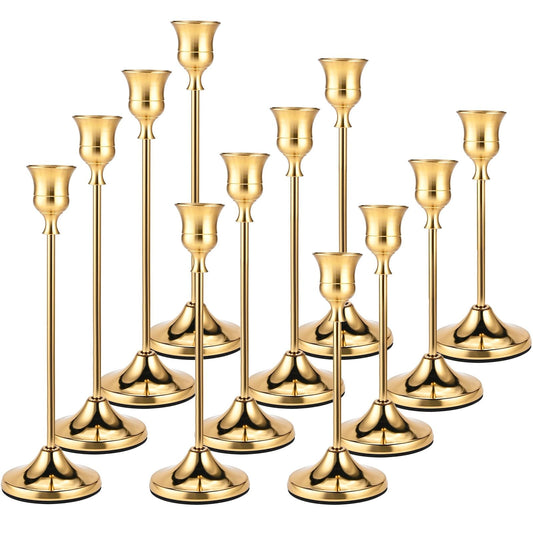 Brass Gold Candle Holders Set of 12, Metal Taper Candlestick Holders in 3 Heights - Vintage Candle Stick Holder Brass Decor - Candle Holder Centerpieces for Wedding Table Home Christmas Decoration