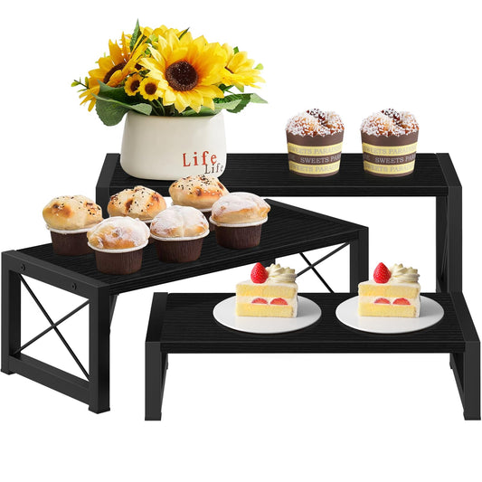 ELITEROO Black 3-Tier Wooden Cupcake and Dessert Display Stand, Multi-Tier Riser for Cupcakes, Food, Perfume, Makeup, Dolls, Collectibles, and Market Vendor Retail Shelf Organizer
