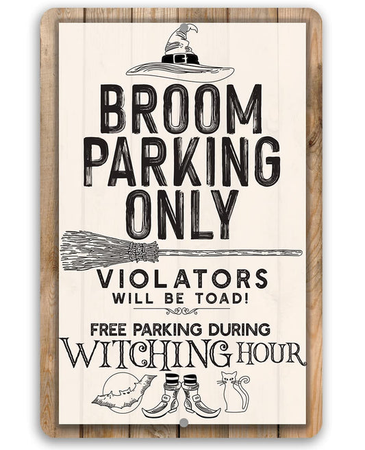 Lone Star Art Witch Halloween Decor - Broom Parking - Vintage Metal Sign - Indoor/Outdoor - 8" x 12" - Rustic - Aluminum