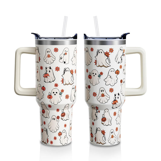 Sabobo Halloween Spooky Cup Gifts for Women Men, Cute Ghost 40oz Tumbler with Handle and Straw, Holiday Stainless Steel Insulated Water Bottle (1 PC)