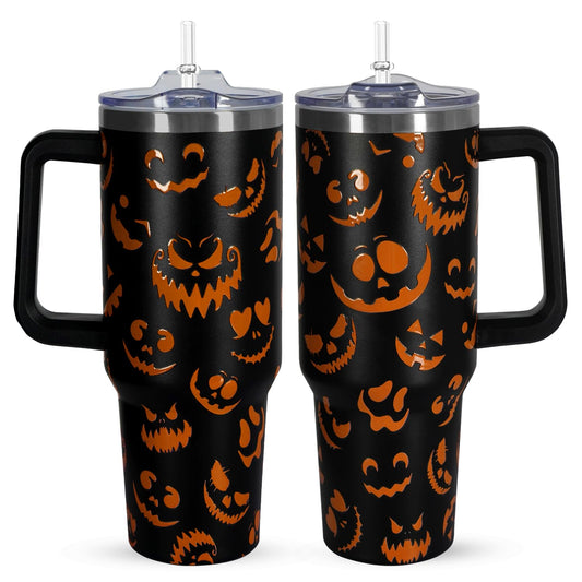 CHOKOMETRY 40 oz Halloween Tumbler With Handle Lid and Straw,5D Orange Pumpkin Ghost Face Print Tumblers,Halloween Stainless Steel Insulated Travel Mug Black Coffee Cup Gifts for Women Men Adults