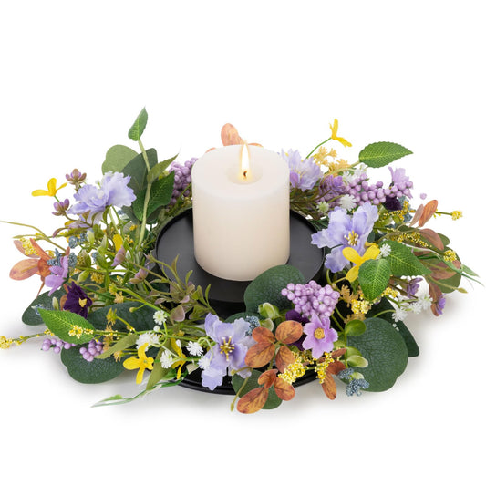 MOYEE Summer Candle Holder Centerpieces for Tables,Candle Ring, Black Metal Candlestick with an Artificial Wreath 14 in Versatile Dining Table Centrepiece (Purple Foam Flower Wreath)