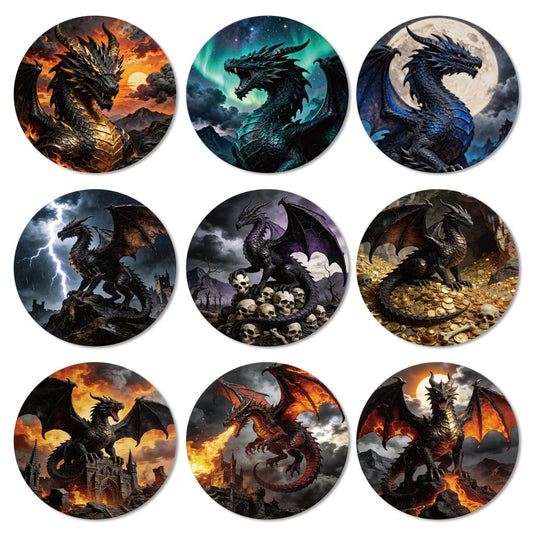 ANATTASOUL Coasters Set of 9 Dragon Pattern Colorful Wooden Coasters Bulk Round Housewarming Gift for New Home, 3.9" Decorative Coffee Table Protection for Farmhouse Bar House Decor