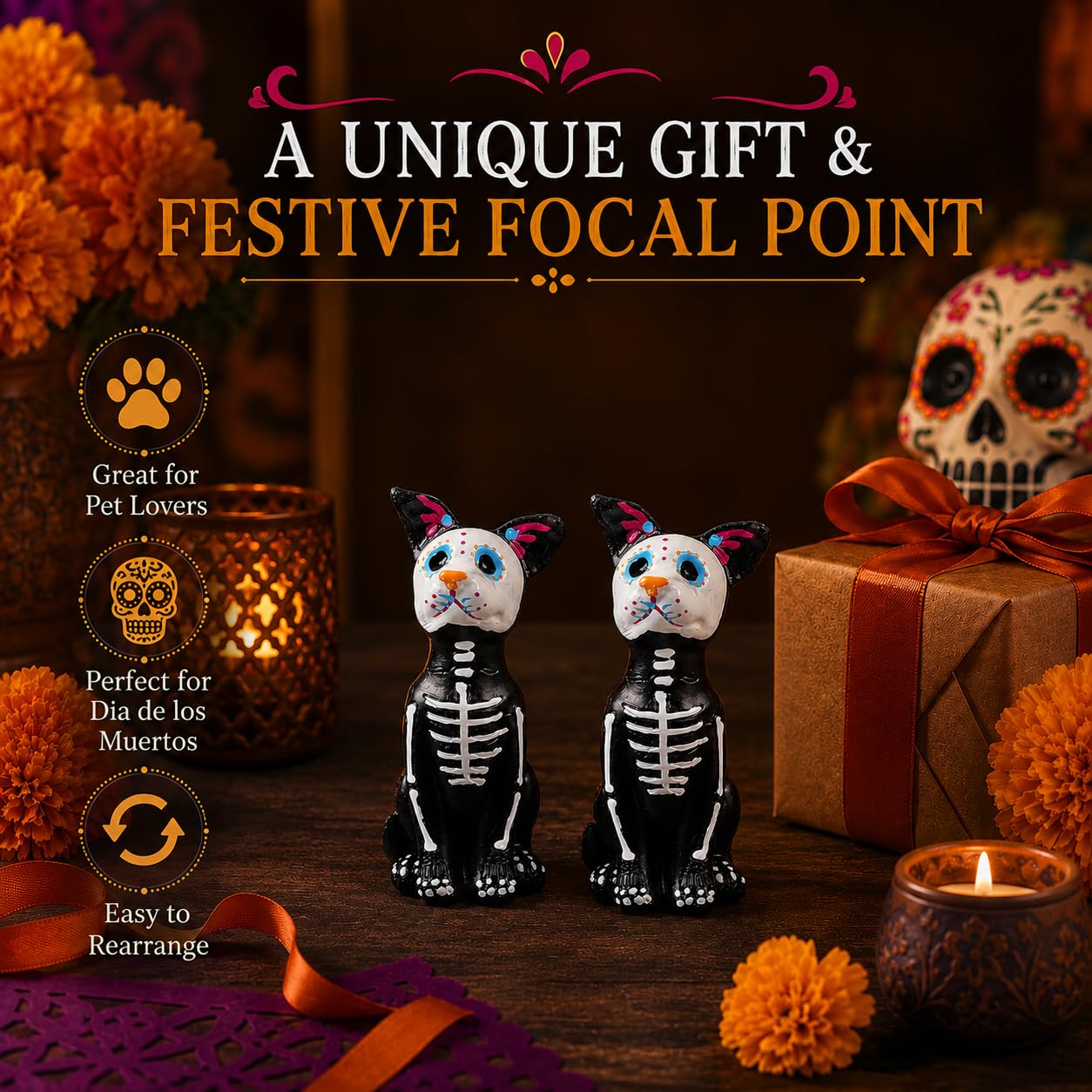 Garneck 2pcs Day of the Dead Dog Figurine: Resin Skeleton Dog Statue - Sugars Skull Animal Dead Theme Sculpture for Dia De Los Muertos & Altar Ofrenda Home Desk Decor Pet Memorial Present