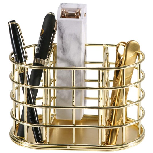 Nugorise Pen Holder, 3 Compartment Metal Pencil Holder Stationery Organizer, Decorative Desktop Storage Holder for Office Supplies, Gold