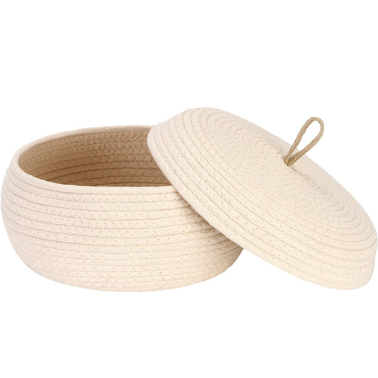Sea Team Round Cotton Rope Storage Basket with Lid, Decorative Woven Storage Bin, Pot, Caddy, Organizer, Container for Snacks, Towels, Plants, 13 x 5.5 Inches (Large, Shallow, Cream)