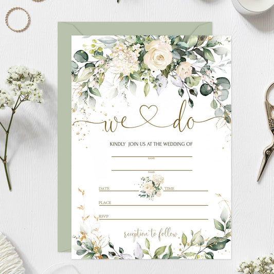 Whaline 25 Sets Greenery Floral Wedding Invitation with Envelopes Stickers Eucalyptus Leaves Fill in Blank Invites Cards for Bridal Shower, 5 x 7 Inch
