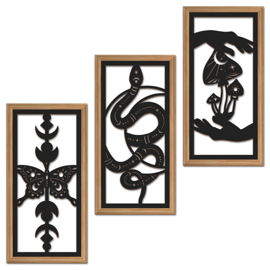 IARTTOP 3 Pcs Black Gothic Wall Art Boho Witchy Moon Phases Butterfly Wood Wall Decor Snake Decor Hanging Art Dark Mushroom Artwork Home Decor for Apartment Living Room Bedroom 7.9 x15.8 Inch