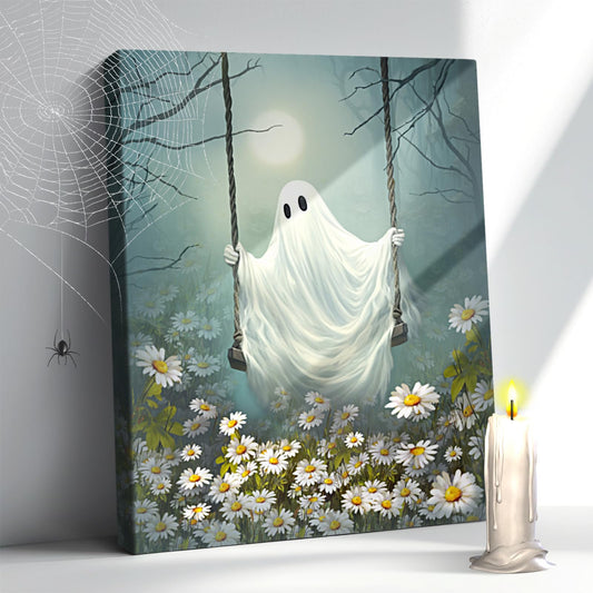 Vintage Cute Ghost Canvas Wall Art, Framed Funny Ghost On A Swing In The Forest Aesthetic Poster, Gothic Dark Academia Wall Decor, Gothic Art Print Painting For Bedroom Living Room 12x16 Inch