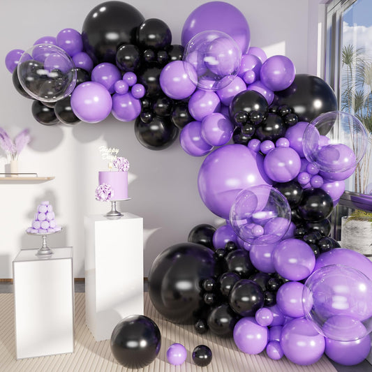 MOXMAY Purple and Black Balloons Garland Arch Kit, 151Pcs Latex Balloons Different Sizes 18 12 10 5 inch for Birthday, Graduation, Baby Shower, Wedding, Retirement, Halloween Party Decoration