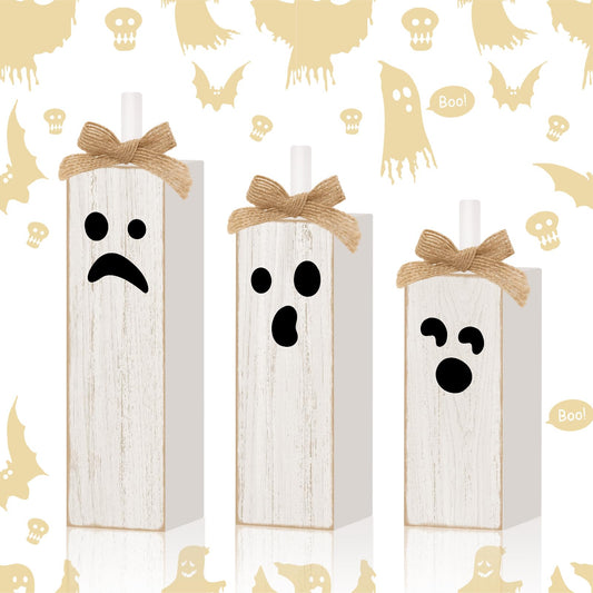3 Pcs Ghost Halloween Sign Wooden Tiered Tray Decor, Cute White Ghost Table Decor Vintage Rustic Halloween Decorations Party Tabletop Centerpieces for Home Kitchen Indoor Mantel Desk Fireplace