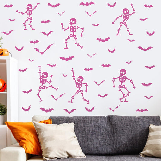 Halloween Wall Decals and Skeleton Window Clings - 6 Sheets 43 Pcs Removable Pink Ghost Bat Wall Stickers for Mirrors, Windows, Home Bedroom Party Decor