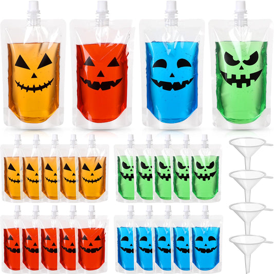 Widecook 28 Pcs Halloween Drink Pouches Reusable Pumpkin Blood Bags for Drinks Plastic Flasks with Funnels Juice Cups Pouches for Halloween Party Prop Decoration Favor