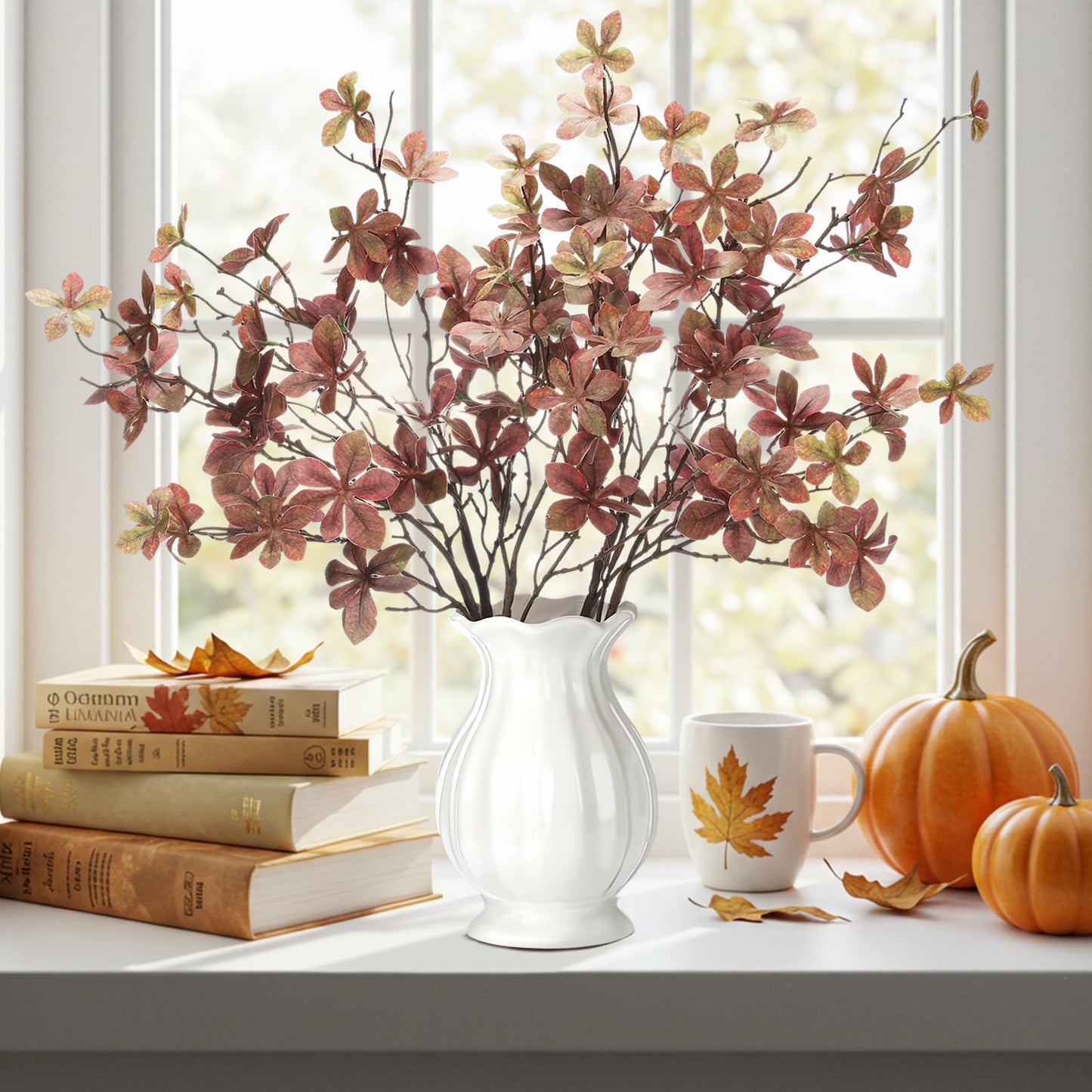 Suncalla 4 Pcs 30 Inch Fall Leaves Stems for Vase Artificial Rusty Quince Leaf Faux Branch Floral Pick Fake Twig Plants with Long Stem for Home Table Centerpiece Harvest DIY Decor