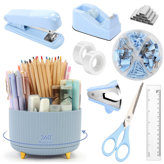 SKYDUE Desk Organizers and Accessories 10Pcs, 360-Degree Rotating Pen Holder, Stapler, Staple Remover, Tape Dispenser,2pcs Tape Refills, Binder Paper Clips Kit, Scissor (Blue)
