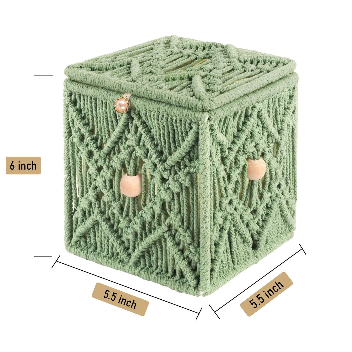 KaloKalo Handmade Tissue Box Cover Decorative Macrame Boho Square Tissue Holder Cotton Rope Woven Napkin Facial Paper Organizer Bohemian Desk Storage Container with Buckle Wood Beads (Light Green)