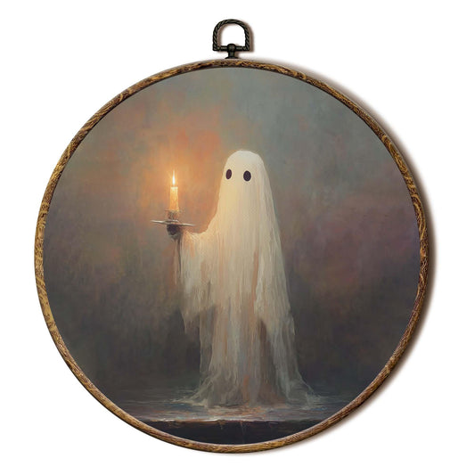 FSTCSV Vintage Halloween Ghost Round Wall Art Framed, Spooky Ghost Candle Canvas Prints Wall Hanging Art, Rustic Fall Dark Academia Halloween Circle Walls Decor for Home Living Room, 10x10in