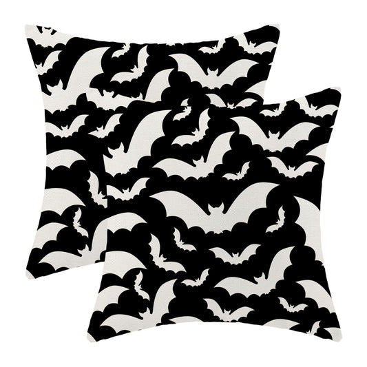 AEIOAE Halloween Pillow Covers 18x18 Inch Set of 2,Black and Cream Bats Throw Pillows Case,Halloween Outdoor Decorative Linen Farmhouse Decor Cushion Covers for Home Sofa Bed Couch