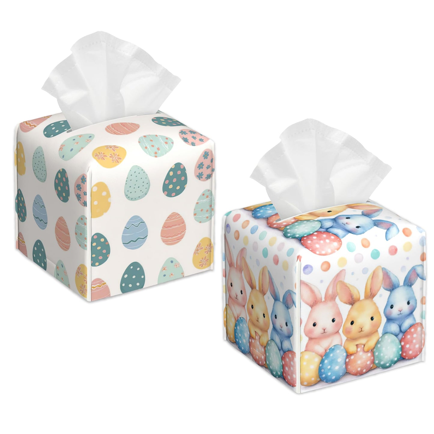 Easter Egg Bunny Tissue Box Holder, Leather Tissue Box Cover Square, Paper Facial Decorative Tissues Cover for Bathroom Home Car Nightstand Vanity Desk, 2 Pcs