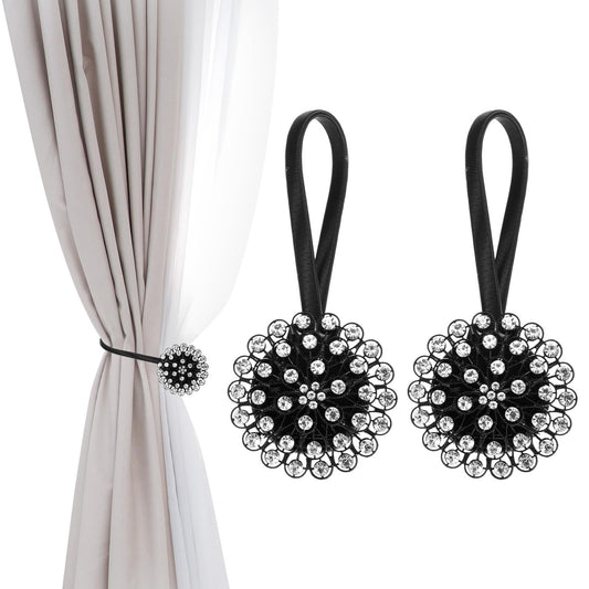 PATIKIL Magnetic Curtain Tie Backs, 2 Pack Sparkling Crystal Flower Curtain Tiebacks Drapery Holdbacks Buckle for Home Office Cafe Balcony, Black