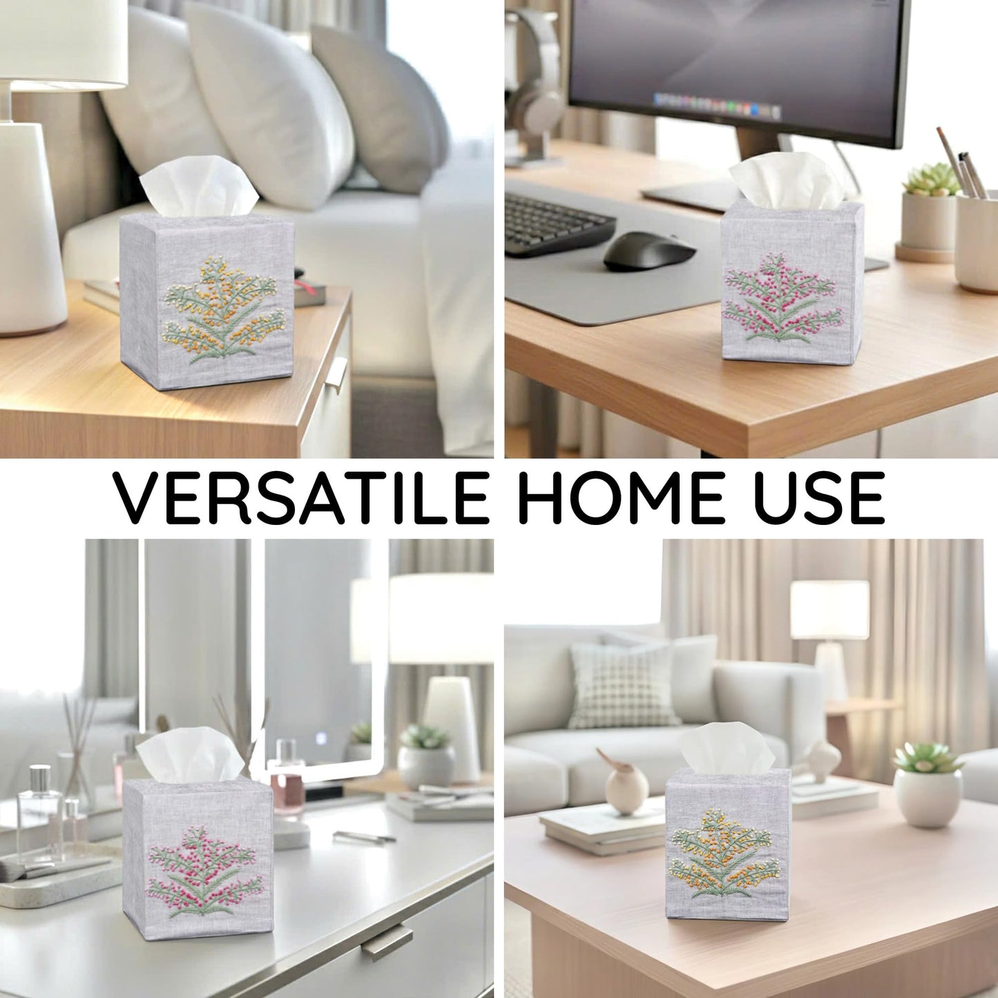 EmbroideryLinen.VN Cloth Tissue Box Cover Cute Set of 2, Square Linen Tissue Holder with French Knot Hand Embroidered Flowers Pattern, Home, Office, Kitchen Decor, 4.5x4.5x5.5 Inches (Grey)