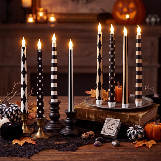 Lounsweer 8 Pcs Halloween Flameless Taper Candles 10.6 Inch LED Black and White Striped Flameless Candles Flickering Battery Operated Plastic Flickering LED Candlestick for Window Home Party Decor