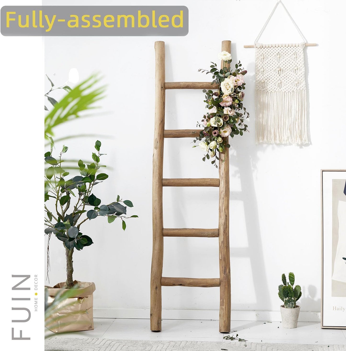 FUIN Fully Assembled 57in Wood Blanket Ladder Living Room Decorative Wall Leaning Farmhouse Quilt Display Holder Rustic Wooden Towel Rack for Bathroom