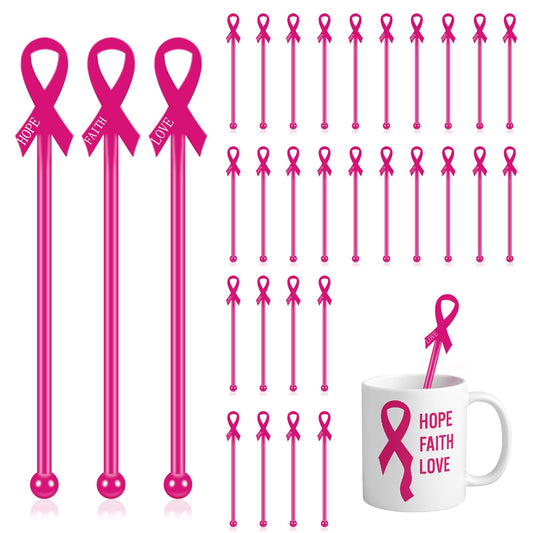 Chengu 90 Pcs Breast Cancer Awareness Drink Stirrers 6 Inch Pink Ribbon Plastic Cocktail Swizzle Sticks Coffee Whiskey Beverage Stirrers for Breast Cancer Awareness Party Decorations