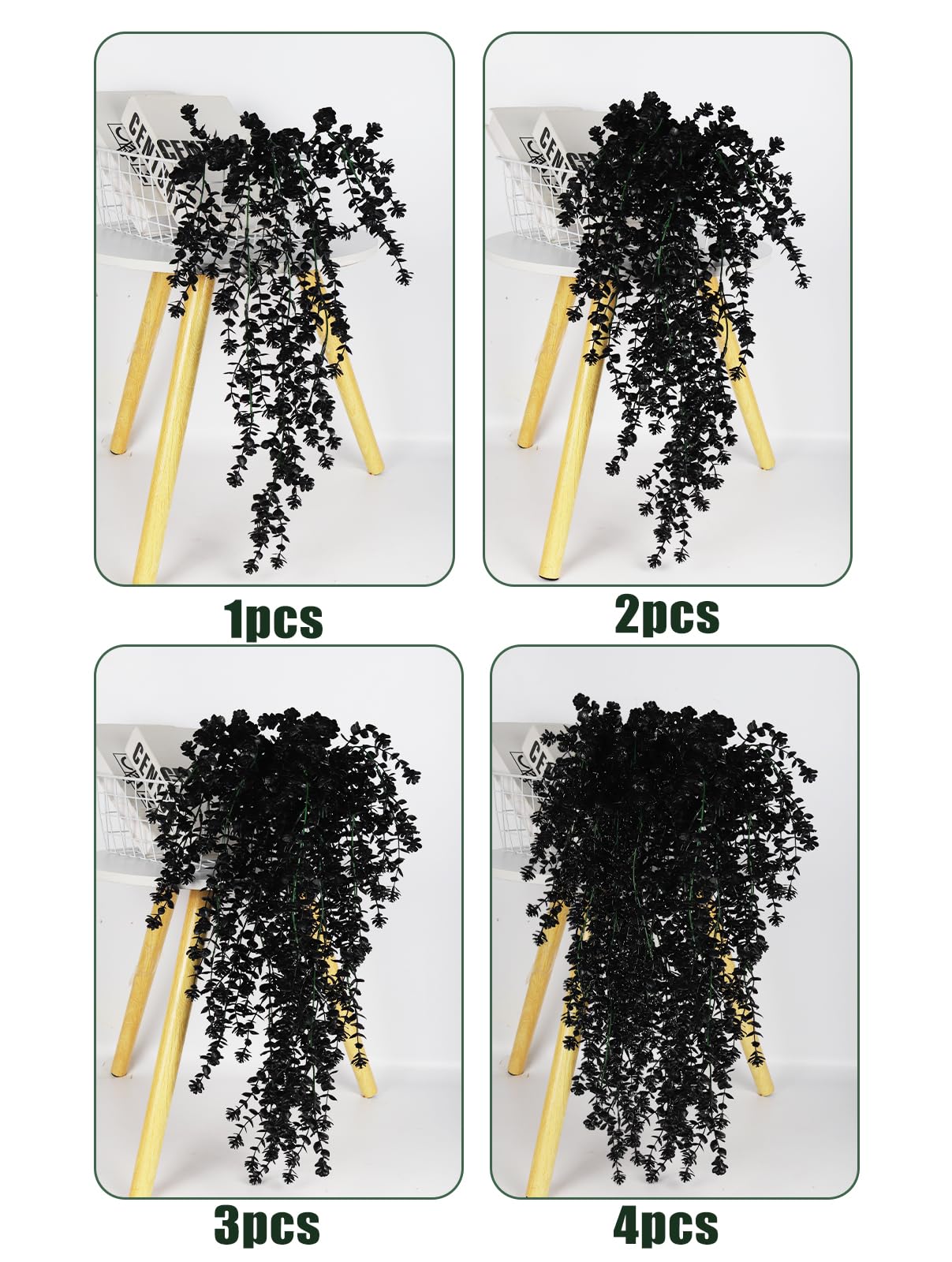 SJL Black Hanging Flowers Fake Hanging Plants Artificial Black Faux Flowers Outdoor Plastic Faux Ivy Plants UV Resistant Fake Eucalyptus Vine for Halloween Indoor Witchy Home Party Gothic Decor 4Pcs