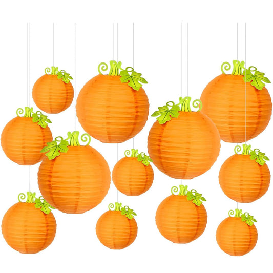 12Pcs Fall Thanksgiving Pumpkins Decorations Orange Paper Pumpkin Ball Decorations Lanterns Unique Design Perfect for Halloween Jack O Lantern Classroom Kitchen Party Indoor Outdoor