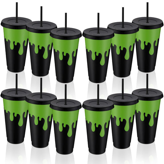 Acellegic 12 Pcs Halloween Party Decorations Green and Black Plastic Gifts Cups with Lids and Straws Reusable 24 oz Ghost Plastic Tumblers Bulk for Halloween Birthday Party Favors Decoration Supplies