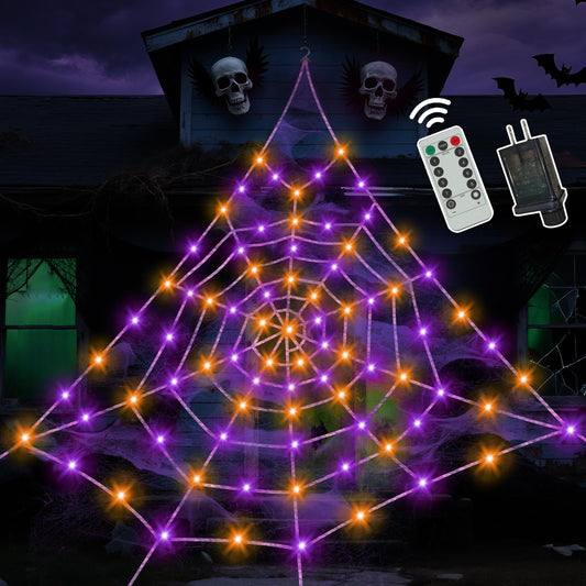 Spider Webs Halloween Decorations Outdoor, 260 Purple and Orange with 8 Modes Waterproof, Spider Web Decoration Outdoor Halloween Decor