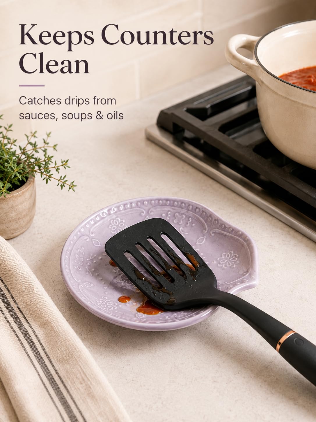Lavender Purple Ceramic Spoon Rest for Kitchen Counter, 5.7" Floral Butterfly Embossed Spoon Holder for Stovetop, Dishwasher Safe Heat Resistant Utensil Rest, Farmhouse Kitchen Decor Gift