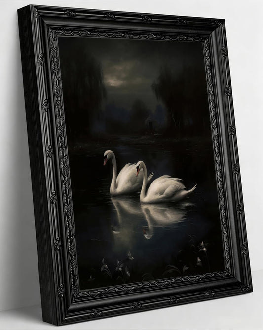 Kofeehic Vintage Framed Dark Moody Swan Wall Art,Gothic Animal Canvas Print Poster, Romantic Dark Academia Swan Love Lake Painting Artwork,Victorian Cottagecore Wall Decor for Home Bedroom 9x11in