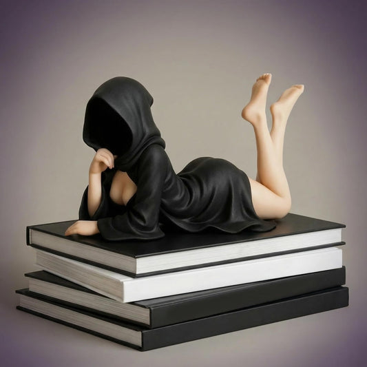 Gothic Witch Resin Ornament, Mysterious and Cute Black Robe Witch Ornament, Halloween & Christmas Home Decor for Bookshelf, Garden & Funy Gift (Lying Down)