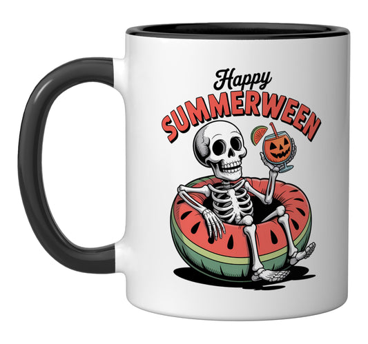 Spooky Summer Halloween Themed Happy Summerween Ceramic Mug, Black/White